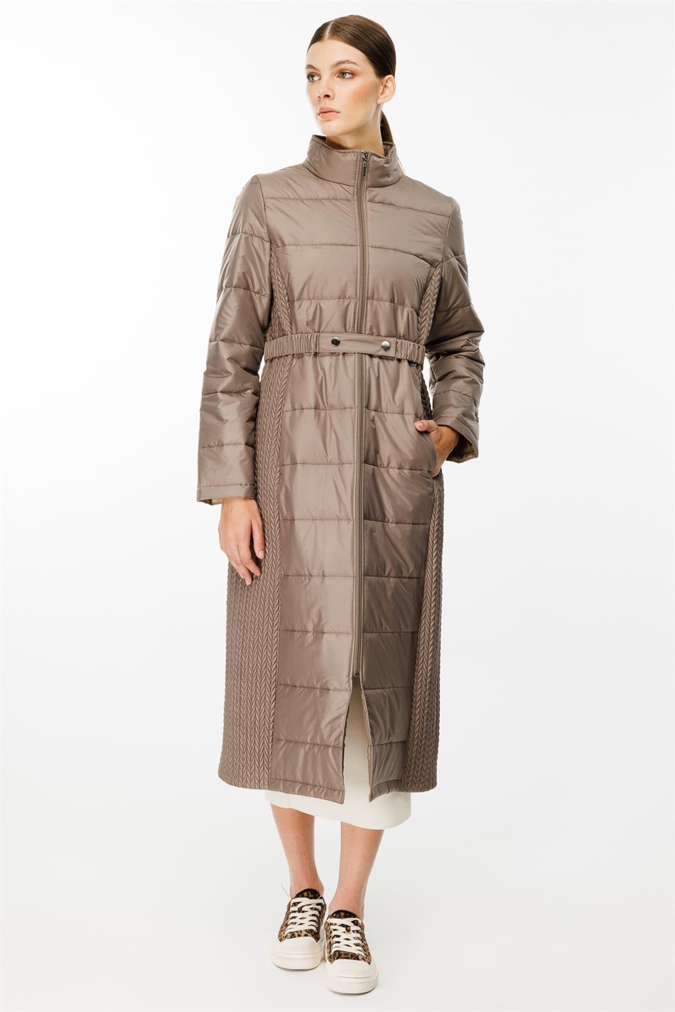 Leaf Patterned, Side-Stretch Quilted Woven, Padded Coat/Jacket - Mink