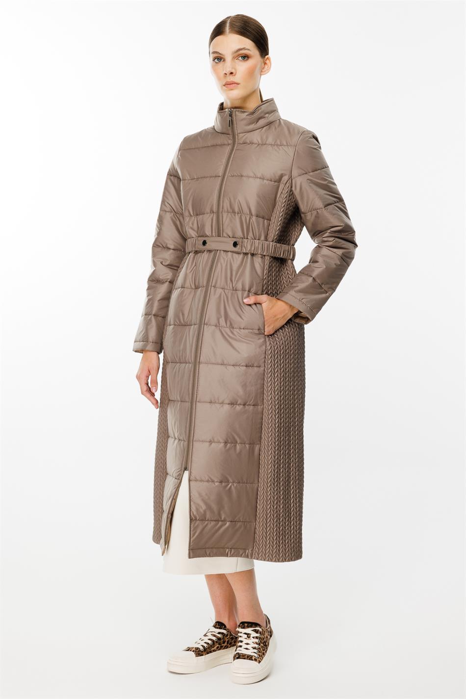 Leaf Patterned, Side-Stretch Quilted Woven, Padded Coat/Jacket - Mink
