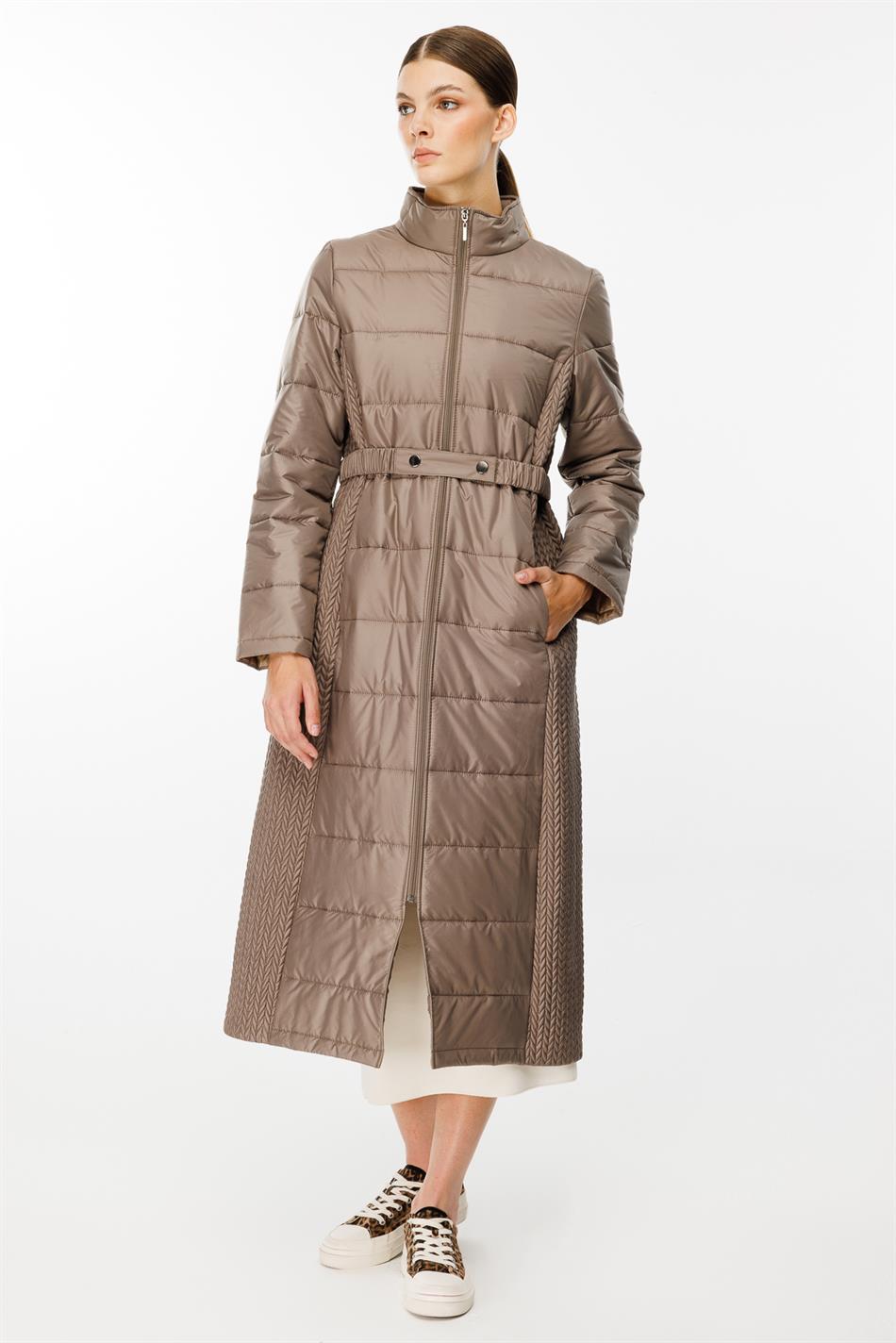 Leaf Patterned, Side-Stretch Quilted Woven, Padded Coat/Jacket - Mink