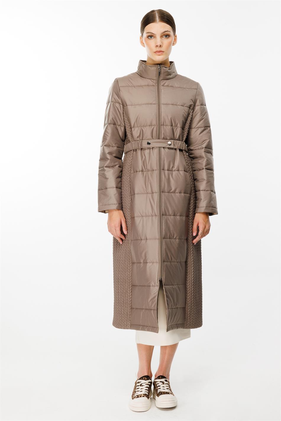 Leaf Patterned, Side-Stretch Quilted Woven, Padded Coat/Jacket - Mink