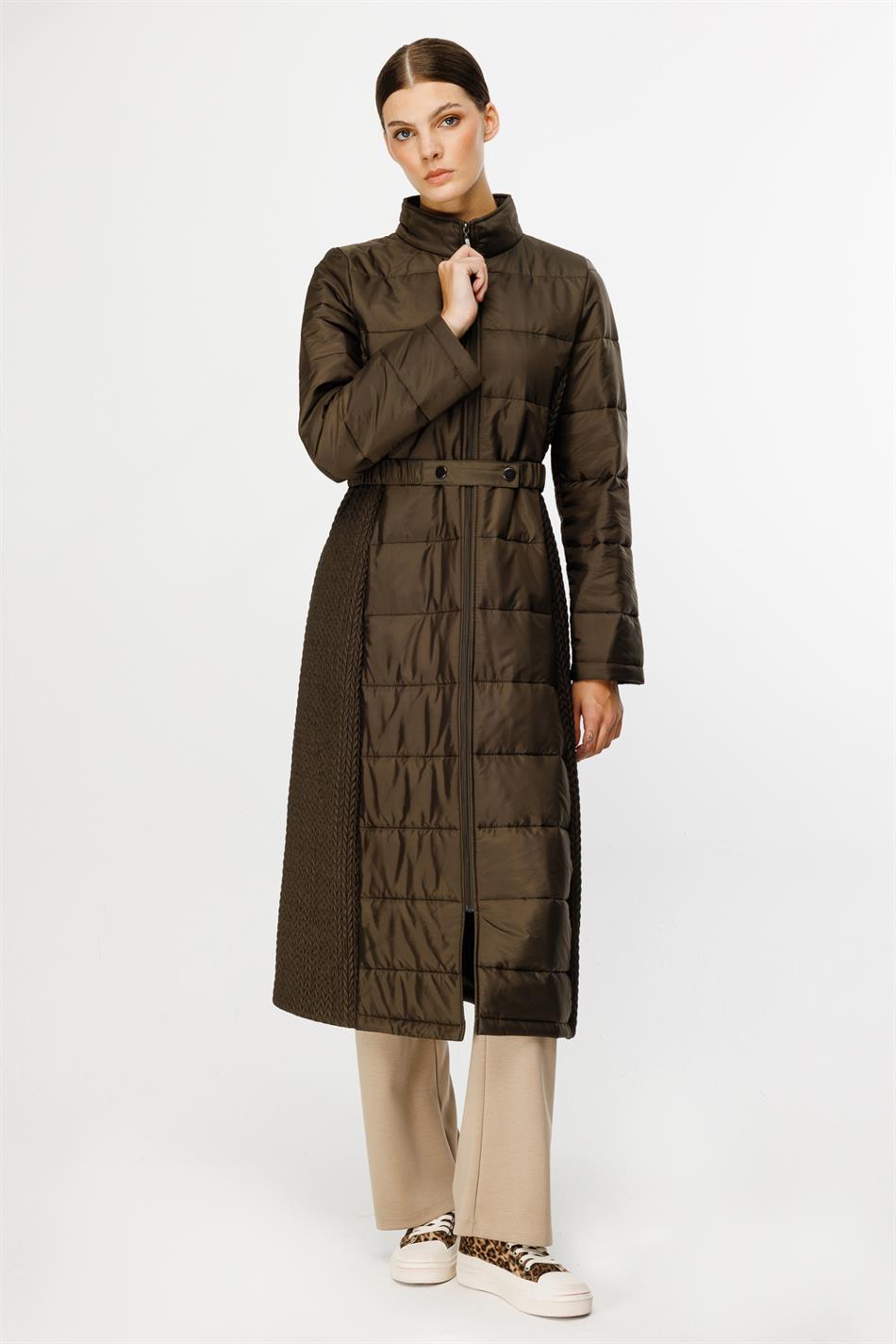 Leaf Patterned Side Flexible Quilted Woven Padded Coat Jacket - Khaki