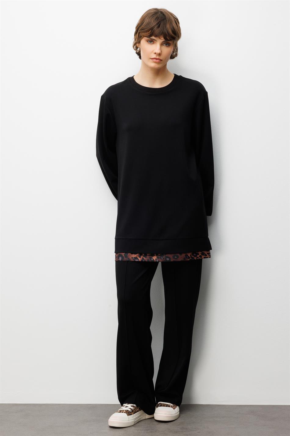 Leo Garni Detaylı Örme Pantalon Kombinli Takım-Siyah