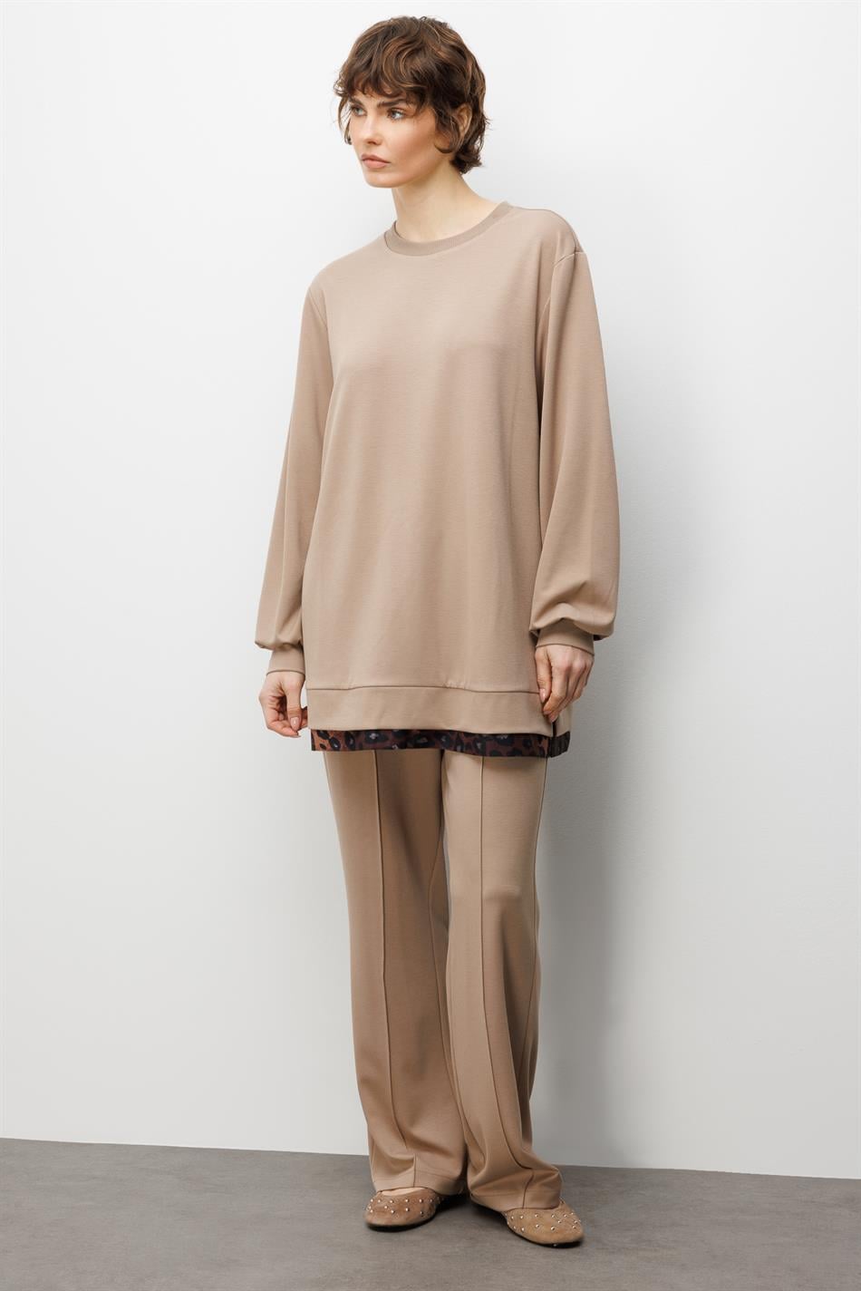 Leo Garni Gedetailleerde gebreide broekenset - Steen