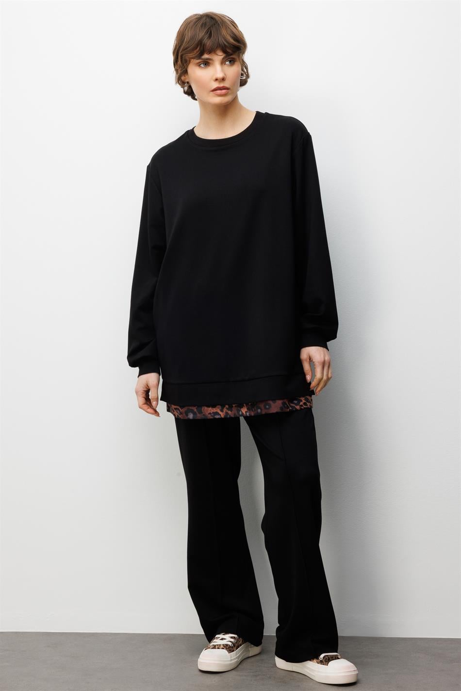 Leo Garni Detaylı Örme Pantalon Kombinli Takım-Siyah