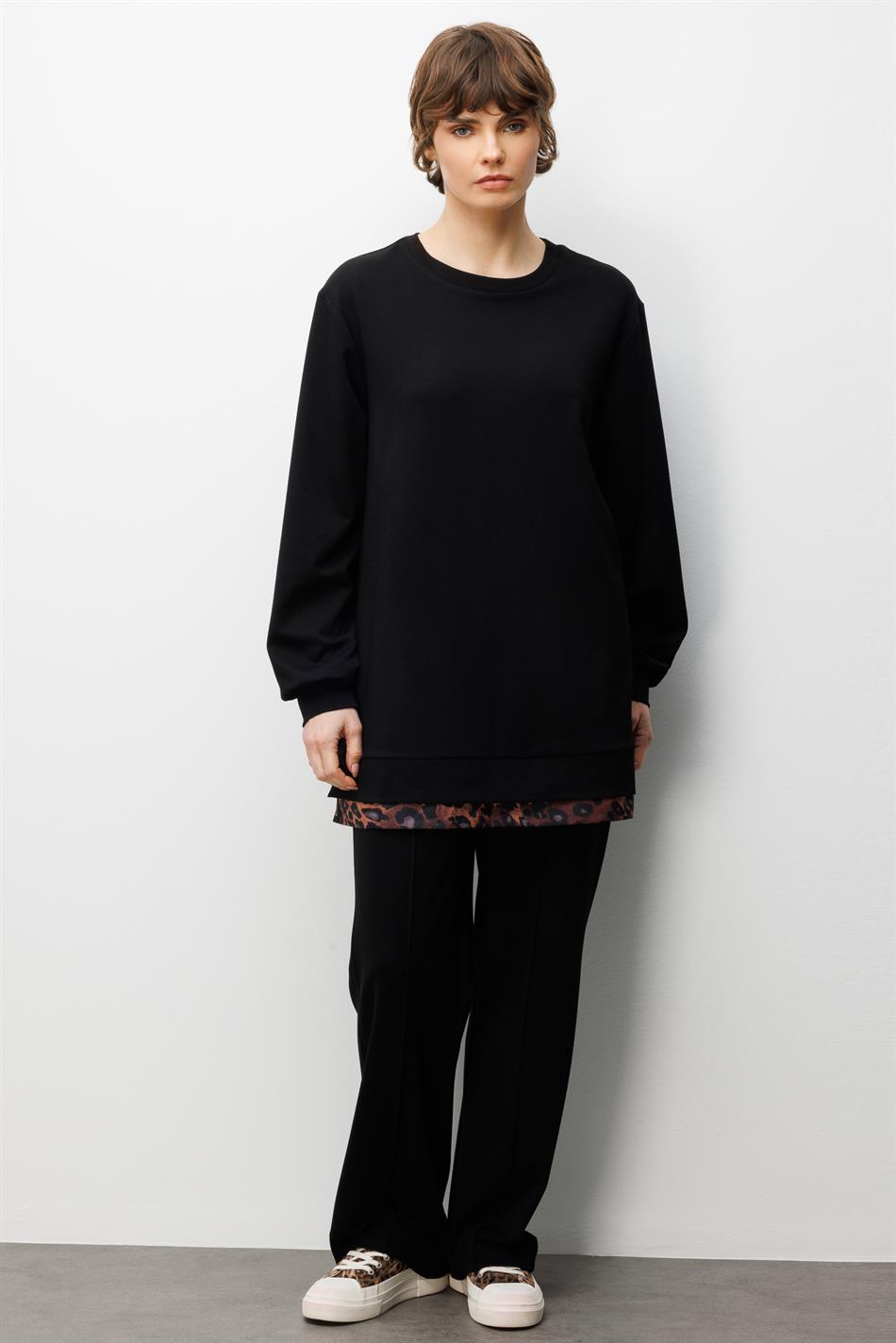 Leo Garni Detaylı Örme Pantalon Kombinli Takım-Siyah