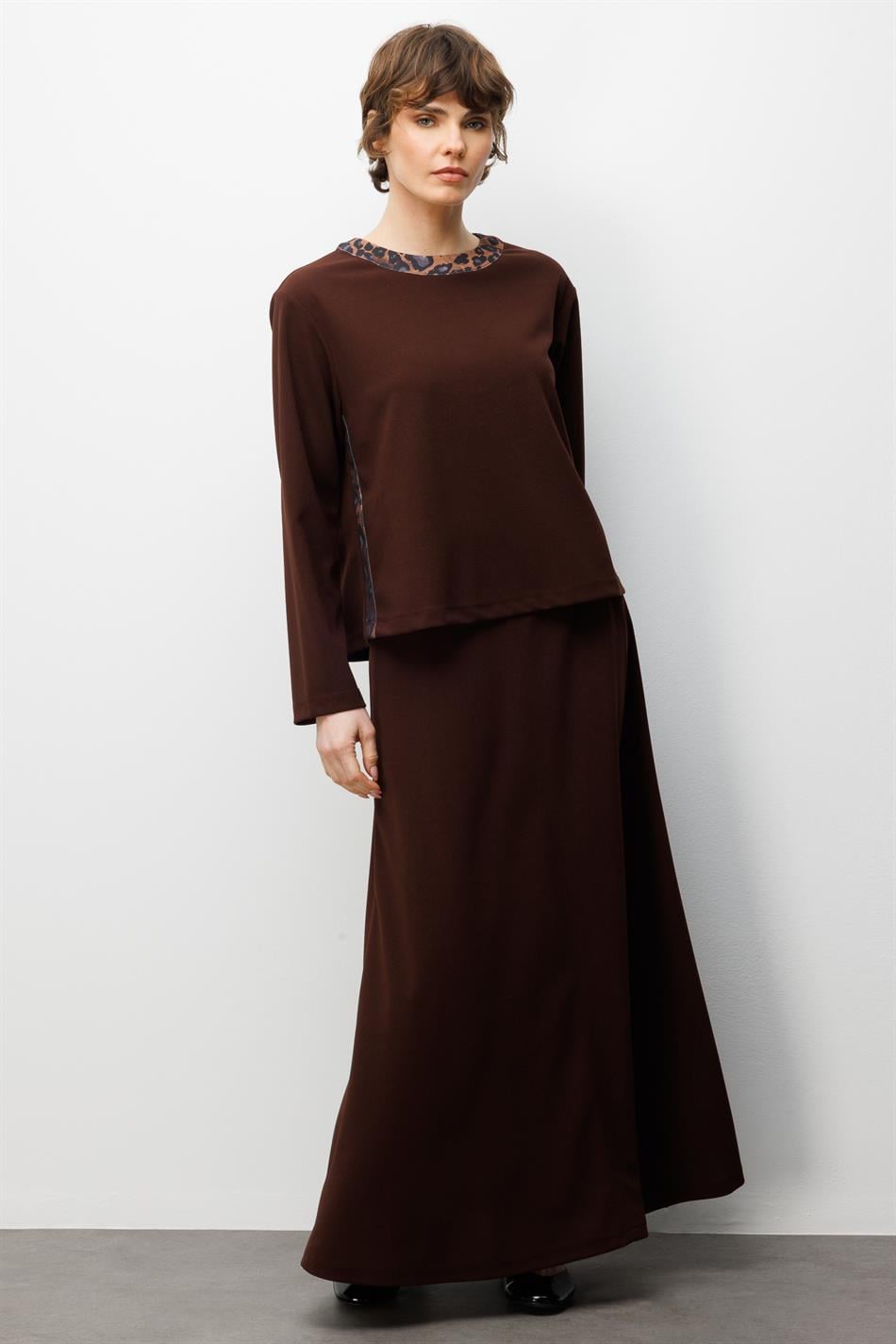 Rokset van dubbele crêpe stof met luipaardprint - Koffie