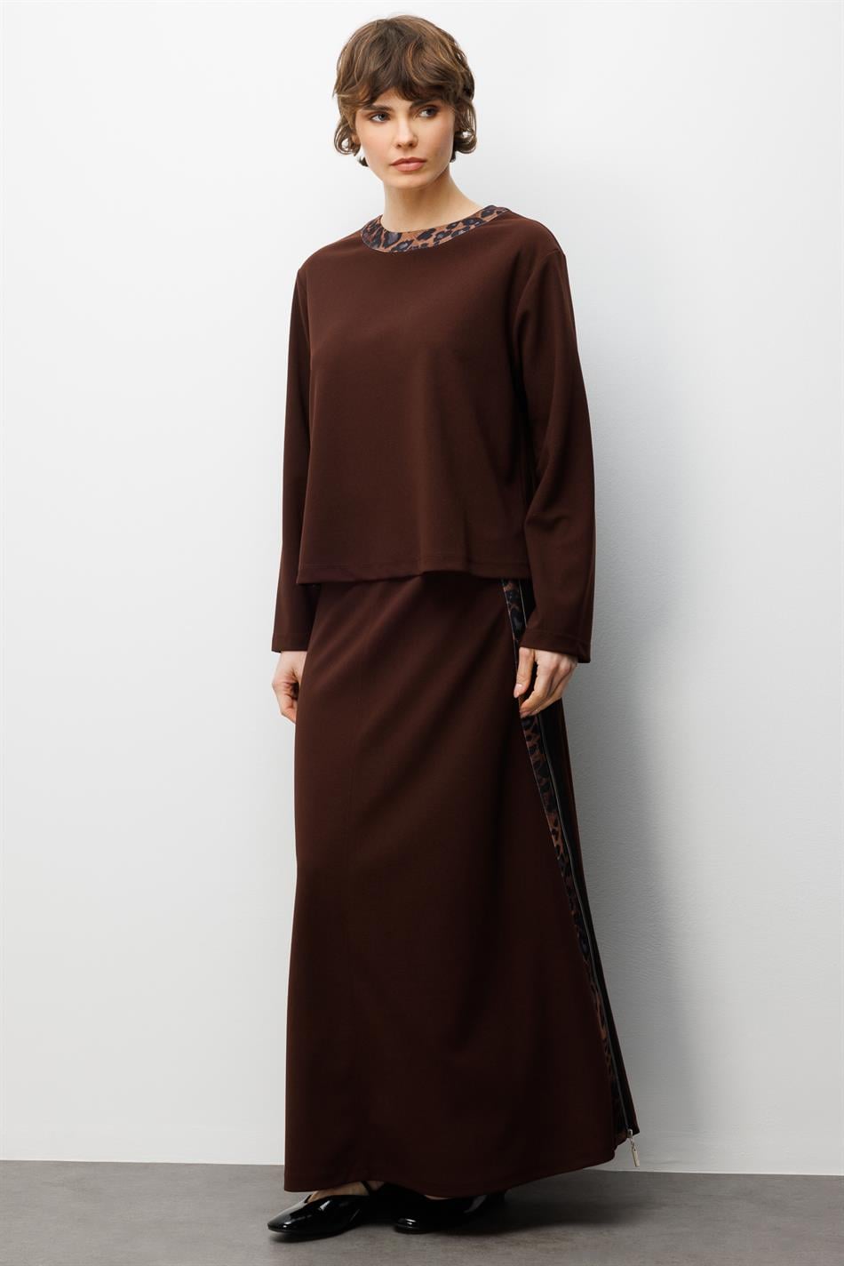 Rokset van dubbele crêpe stof met luipaardprint - Koffie