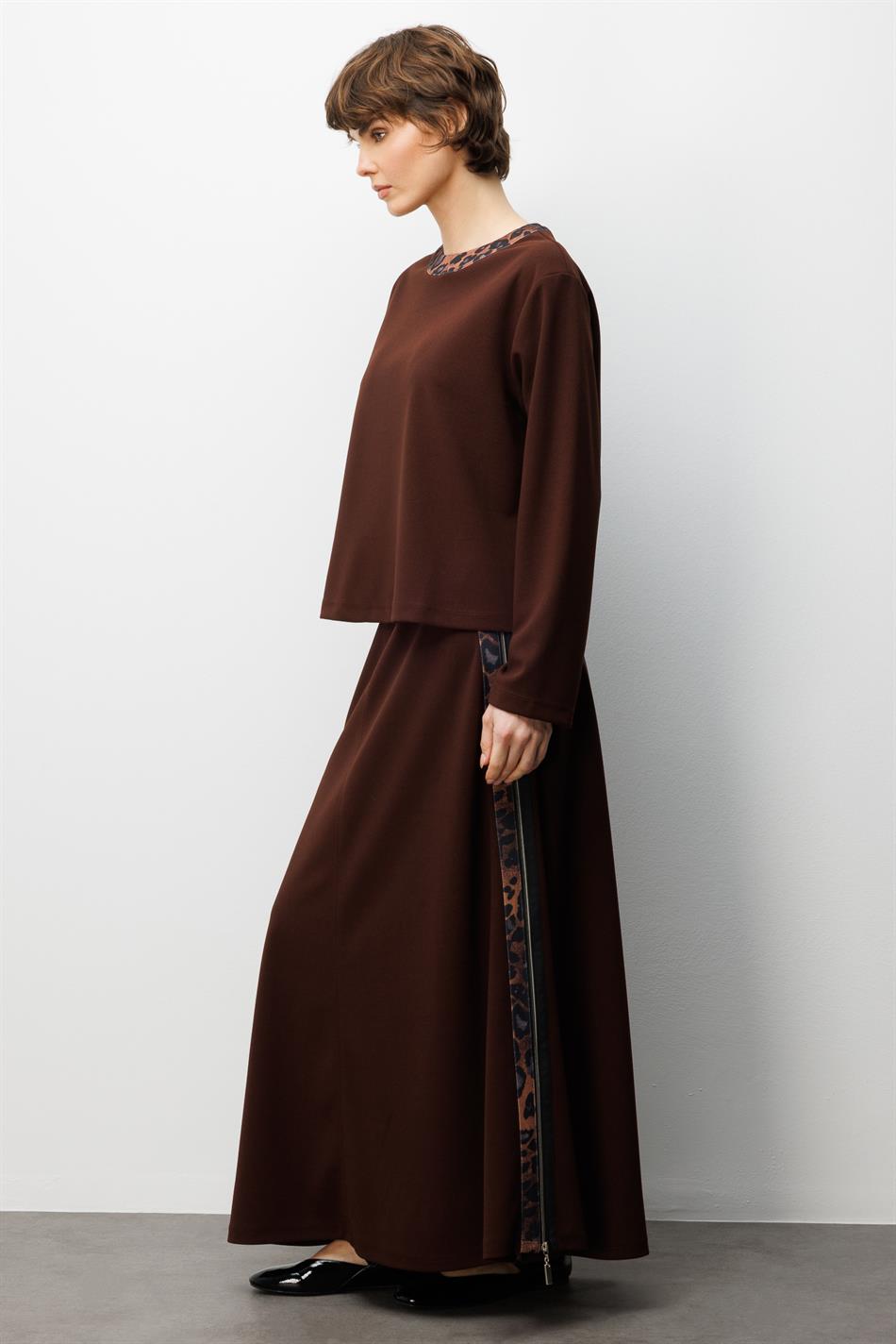 Rokset van dubbele crêpe stof met luipaardprint - Koffie