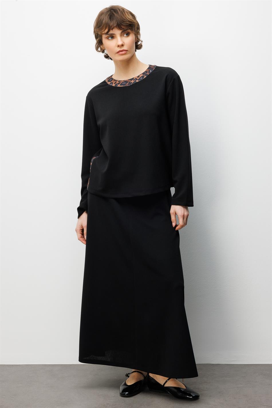 Rokset van dubbele crêpestof met luipaardprintdetails - Zwart