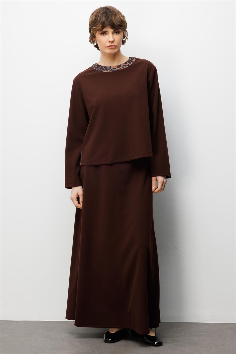 Rokset van dubbele crêpe stof met luipaardprint - Koffie