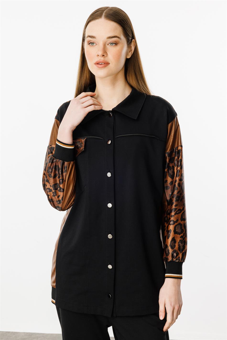 Bəbir naxışlı nazik formalı pambıq qarışıq parça şalvar və üst dəst - Qara