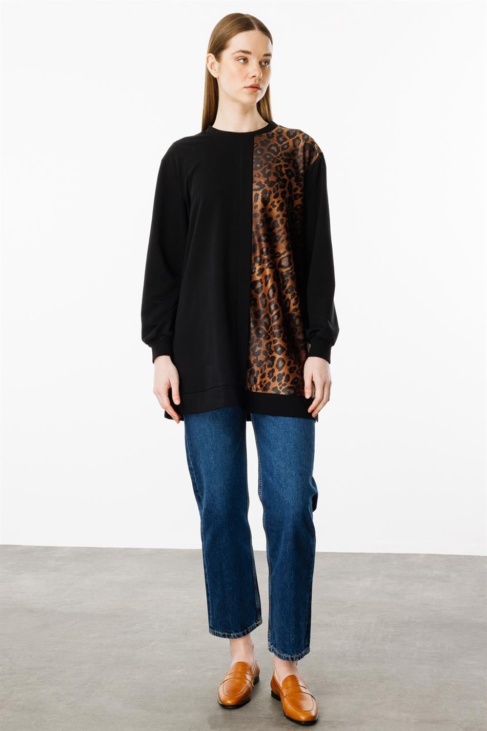 Bəbir naxışlı incə toxunma omba örtüyü olan papaq tunikası - Qara