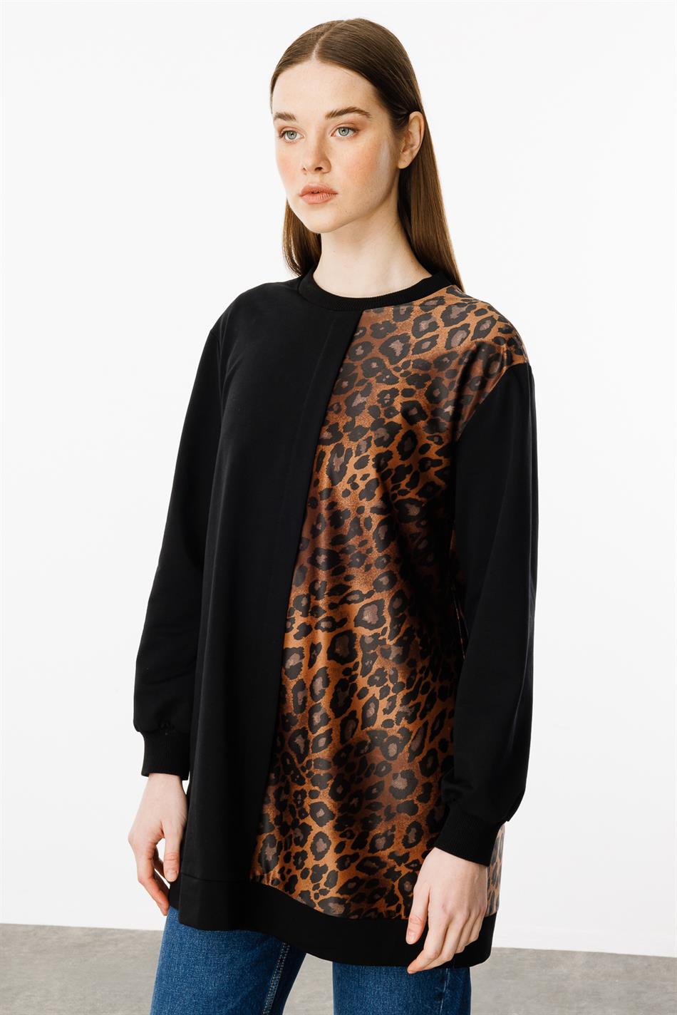 Bəbir naxışlı incə toxunma omba örtüyü olan papaq tunikası - Qara