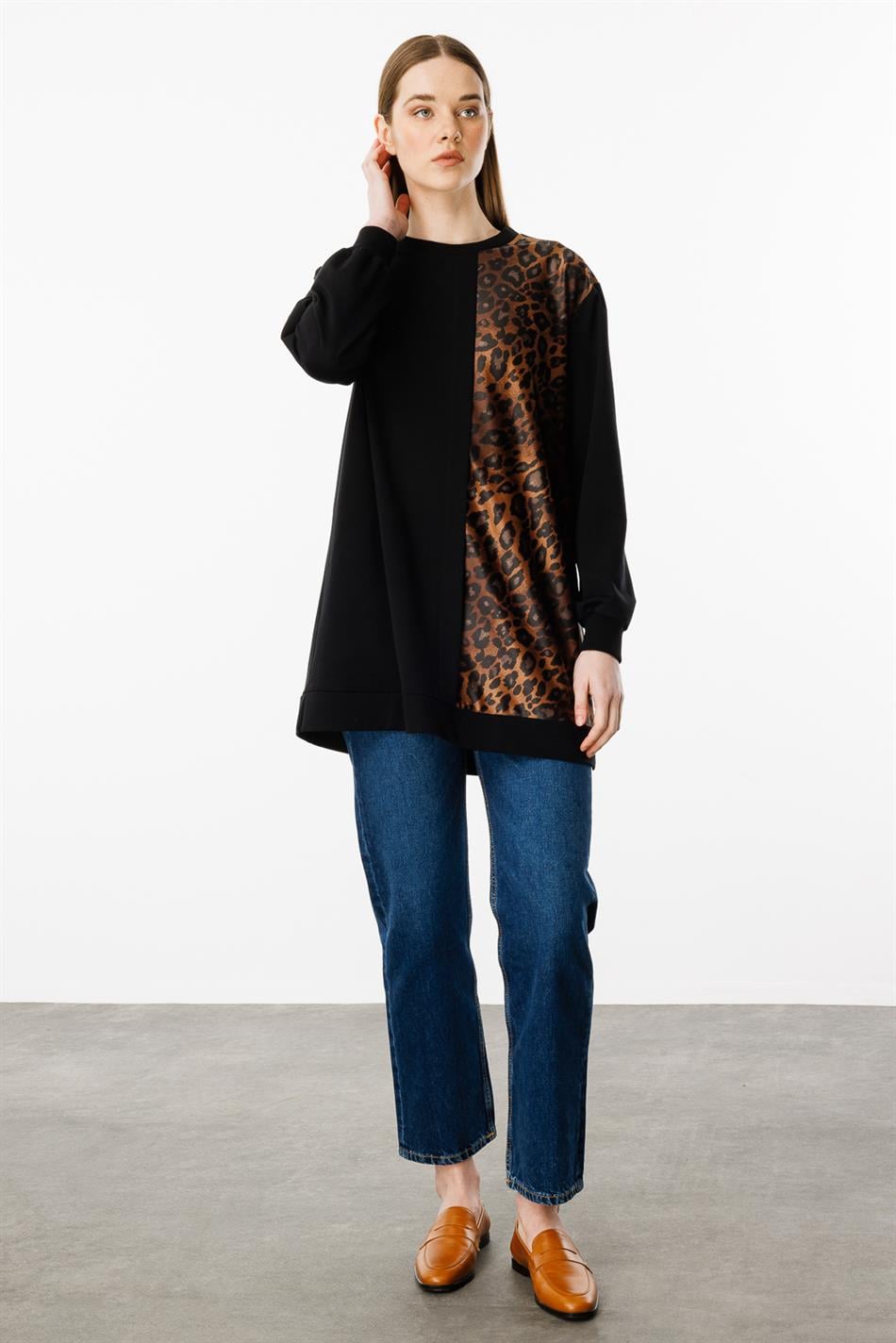 Bəbir naxışlı incə toxunma omba örtüyü olan papaq tunikası - Qara