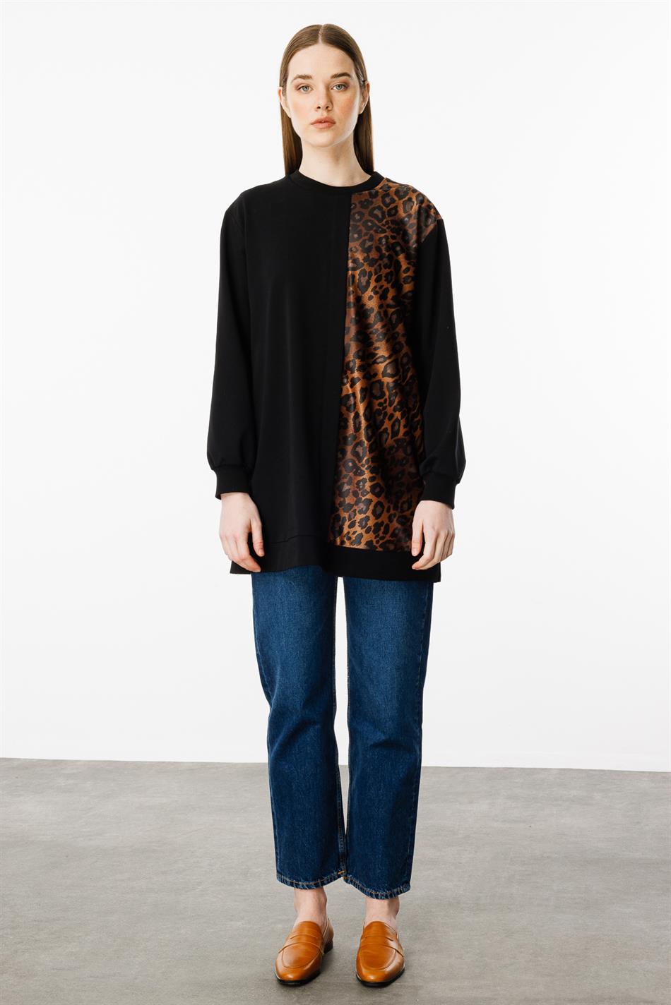 Bəbir naxışlı incə toxunma omba örtüyü olan papaq tunikası - Qara