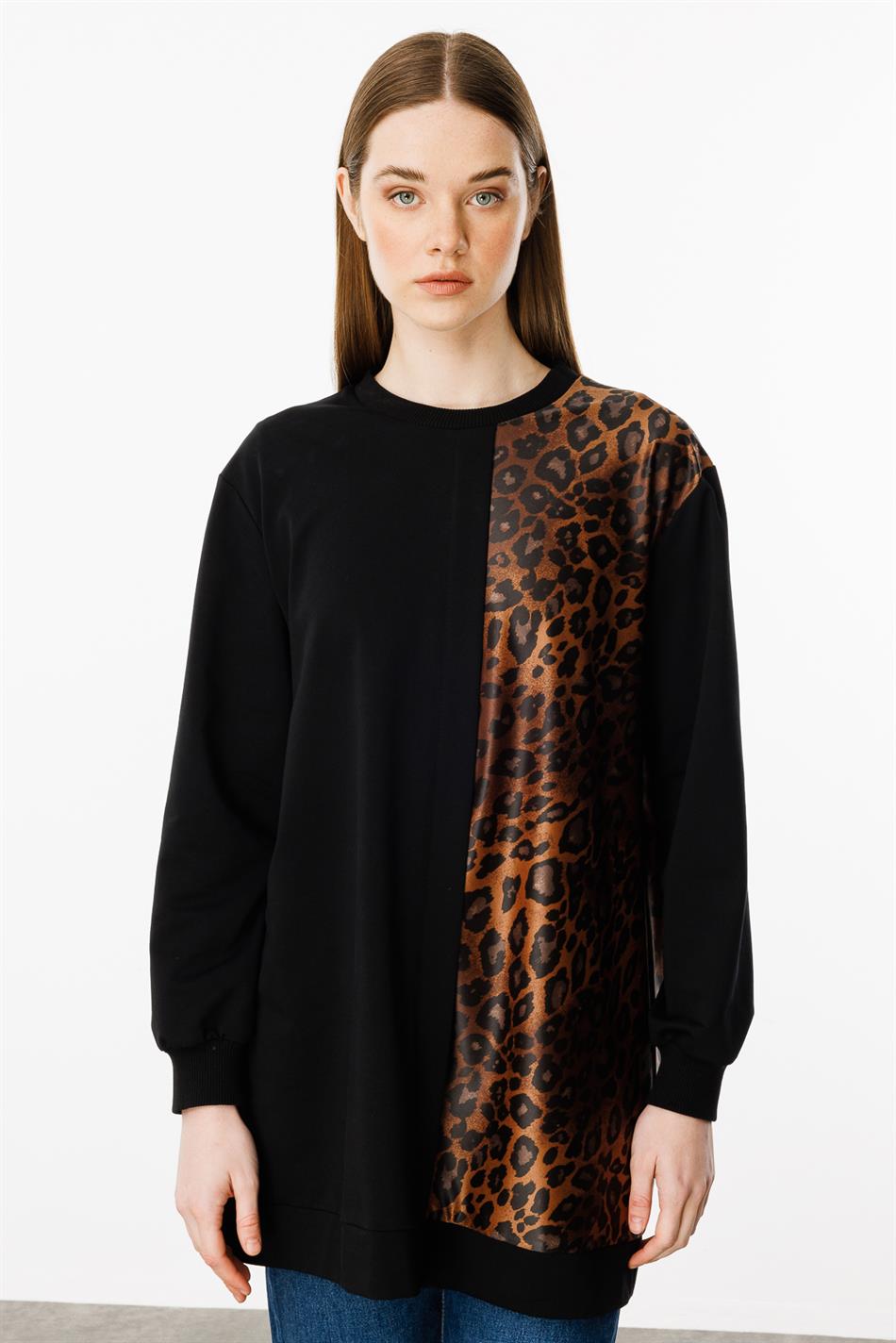 Bəbir naxışlı incə toxunma omba örtüyü olan papaq tunikası - Qara