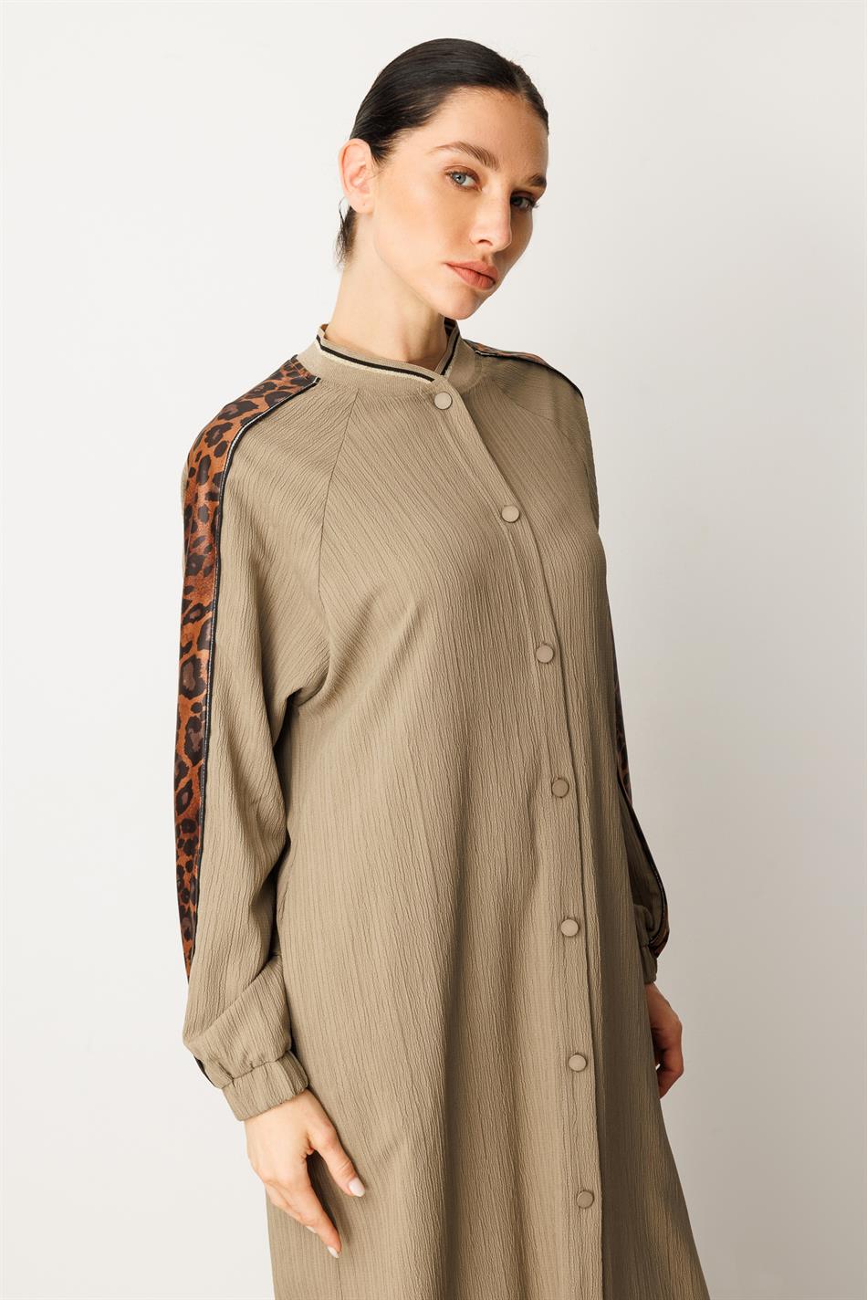 Abaya-jas van geweven stof met luipaardprint en schouderdetails - Nerts