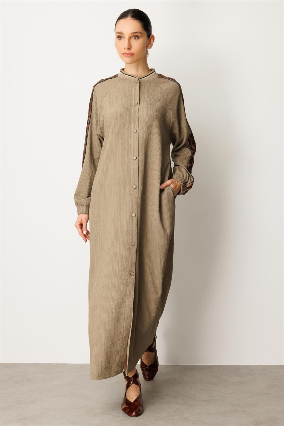 Abaya-jas van geweven stof met luipaardprint en schouderdetails - Nerts