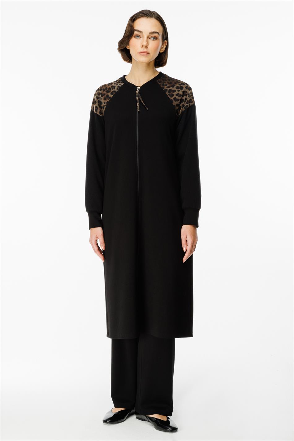 Leopar Omuz Detaylı Örme Zamansız Kap Ferace-Siyah