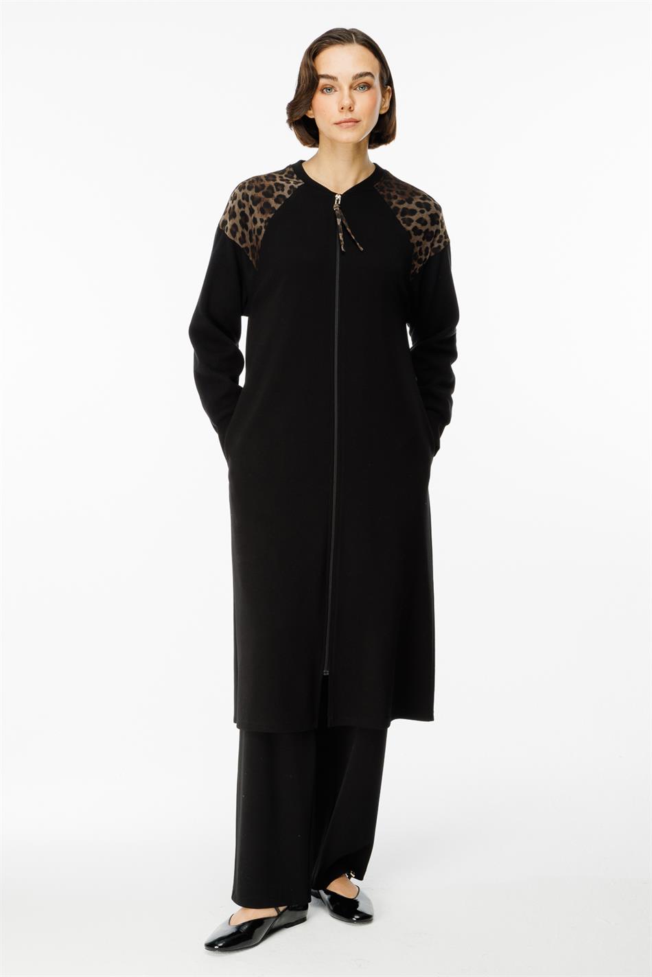 Leopar Omuz Detaylı Örme Zamansız Kap Ferace-Siyah
