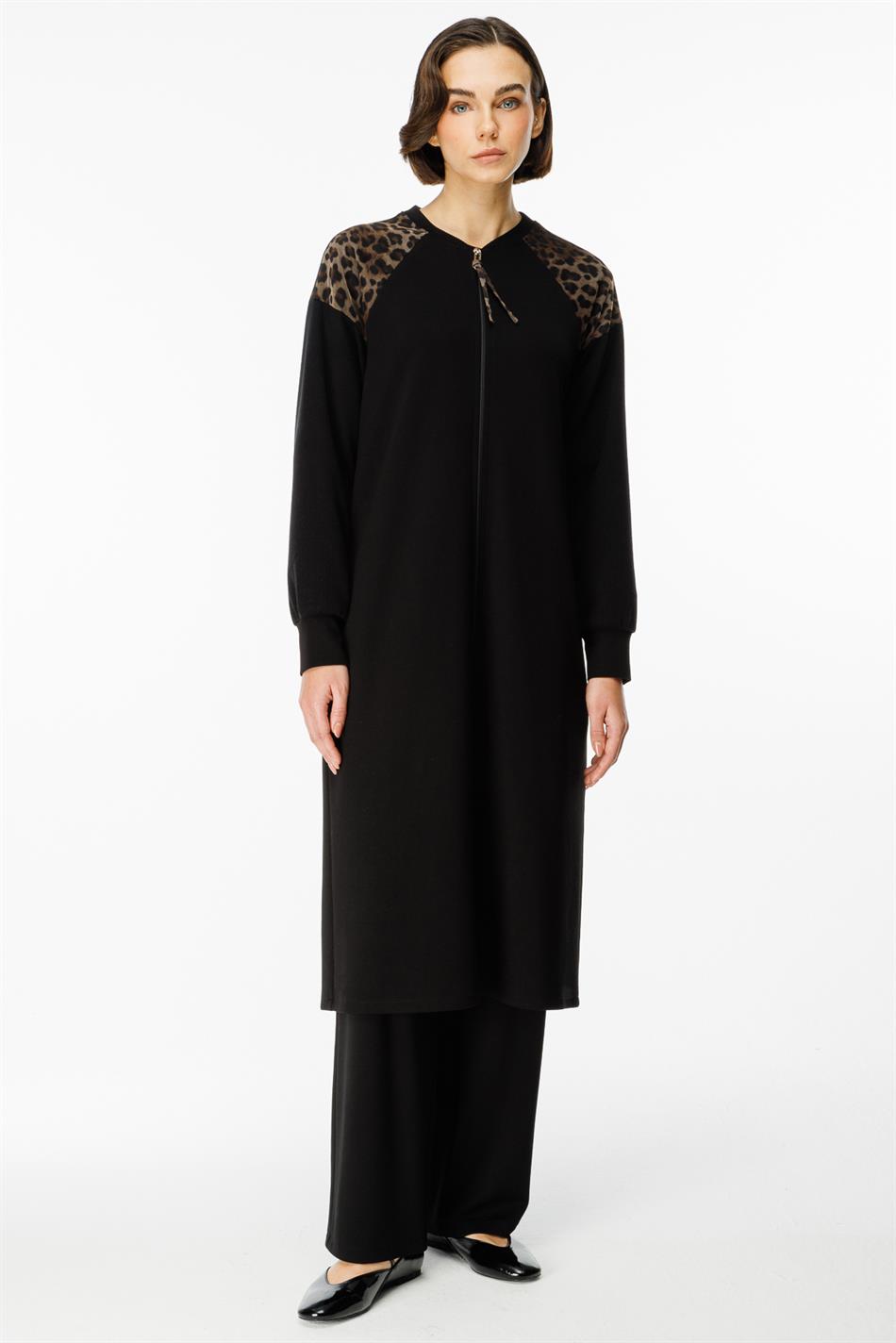 Leopar Omuz Detaylı Örme Zamansız Kap Ferace-Siyah
