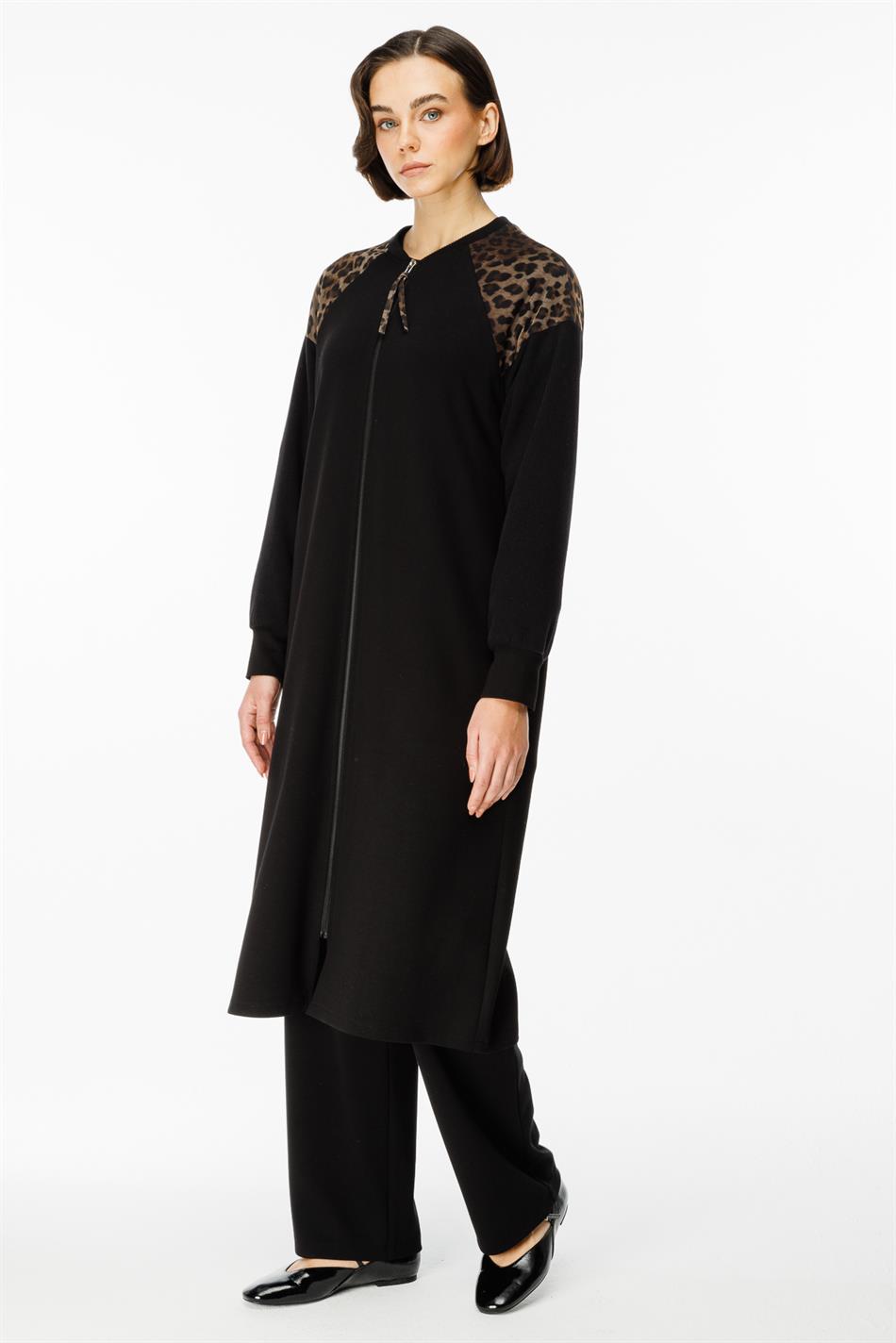 Leopar Omuz Detaylı Örme Zamansız Kap Ferace-Siyah