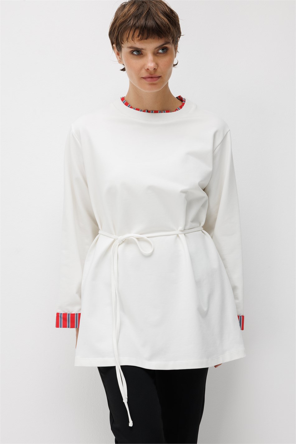 Linea Çizgili Garnili Kuşaklı Tunik Sweat-Ekru