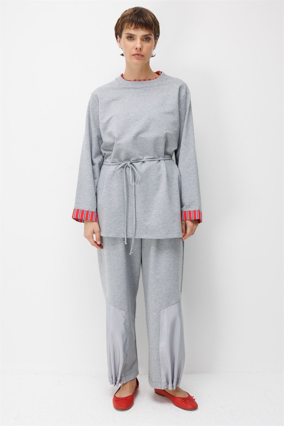 Linea Çizgili Garnili Kuşaklı Tunik Sweat-MELANJ