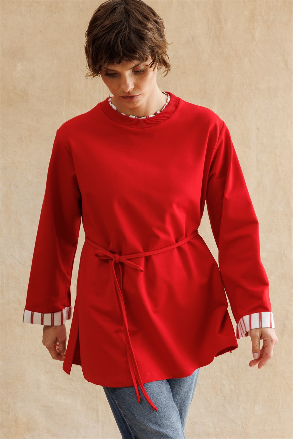 Linea Çizgili Garnili Kuşaklı Tunik Sweat-Kırmızı