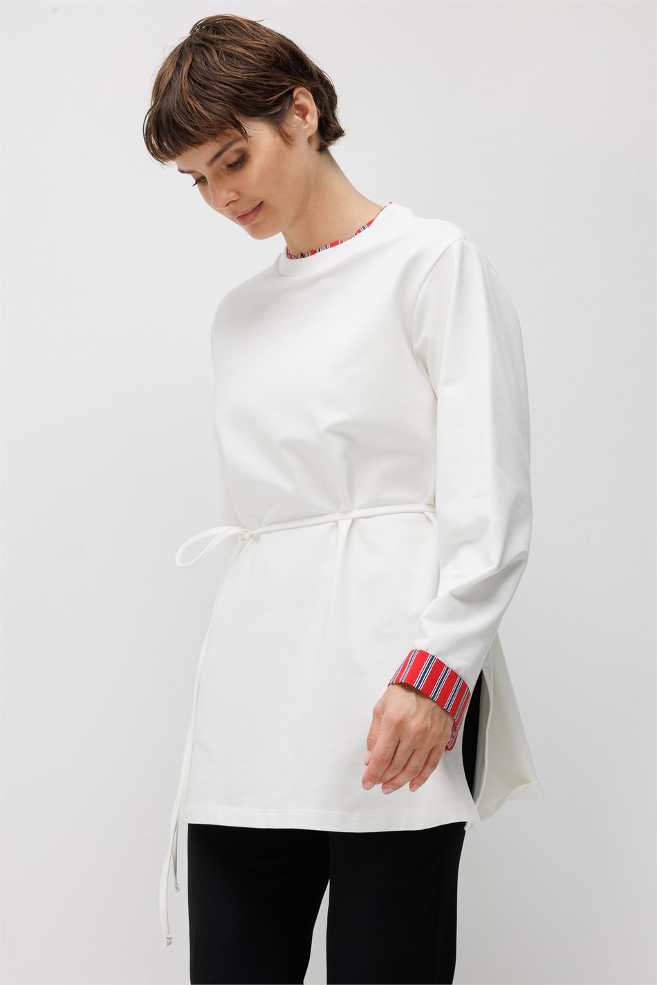 Linea Çizgili Garnili Kuşaklı Tunik Sweat-Ekru