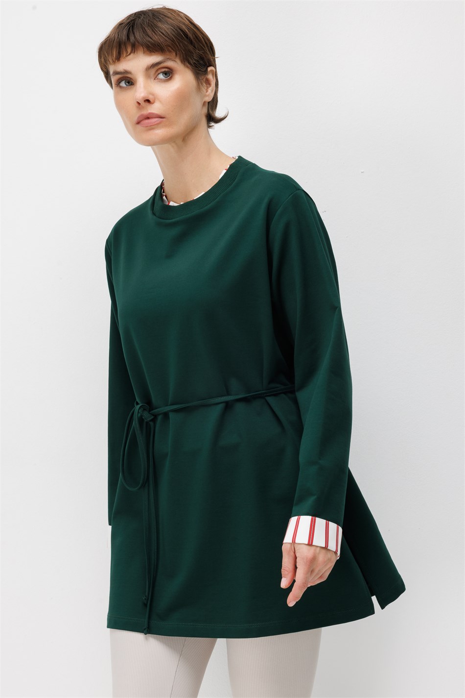 Linea Çizgili Garnili Kuşaklı Tunik Sweat-ZÜMRÜT