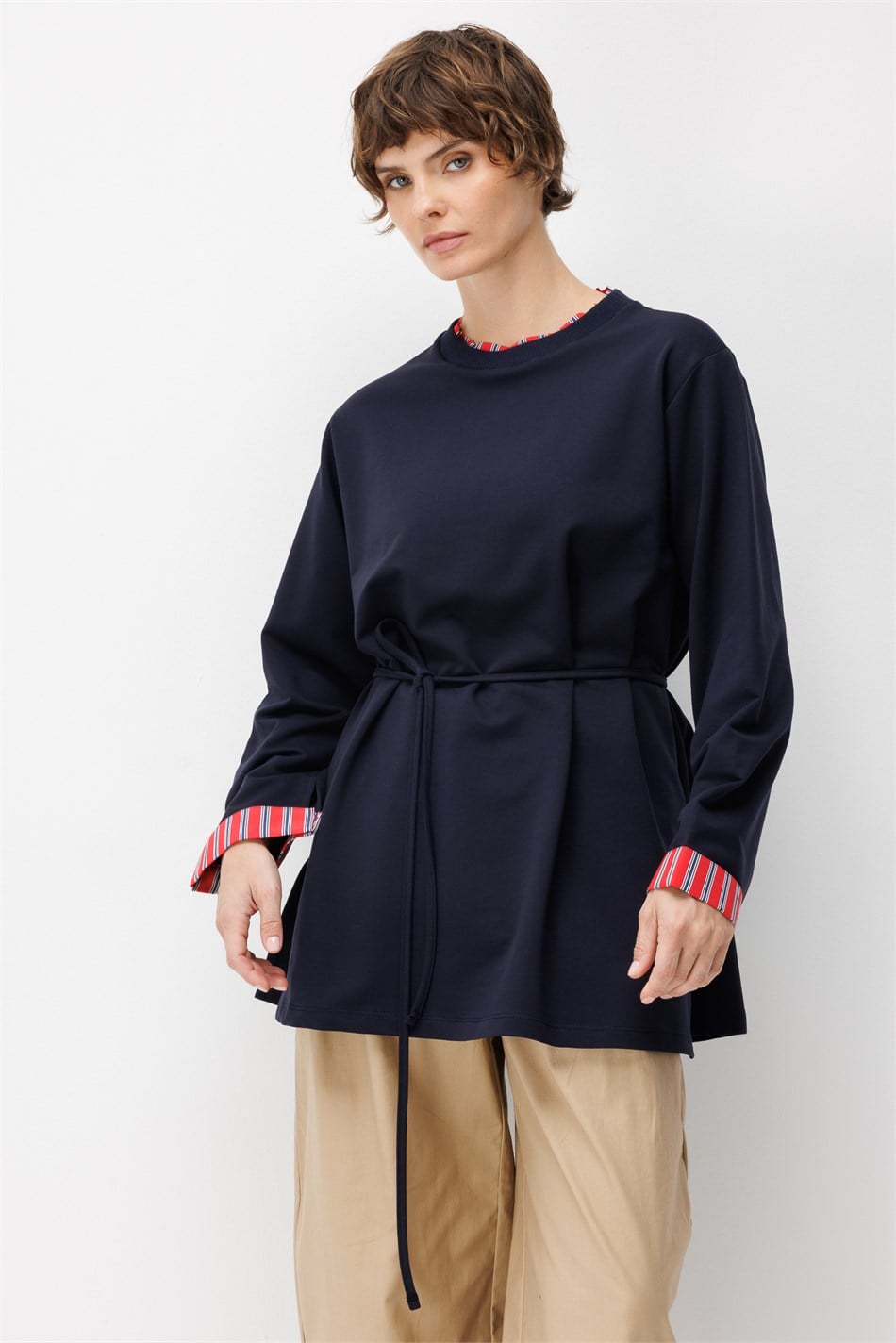 Linea Çizgili Garnili Kuşaklı Tunik Sweat-Laci