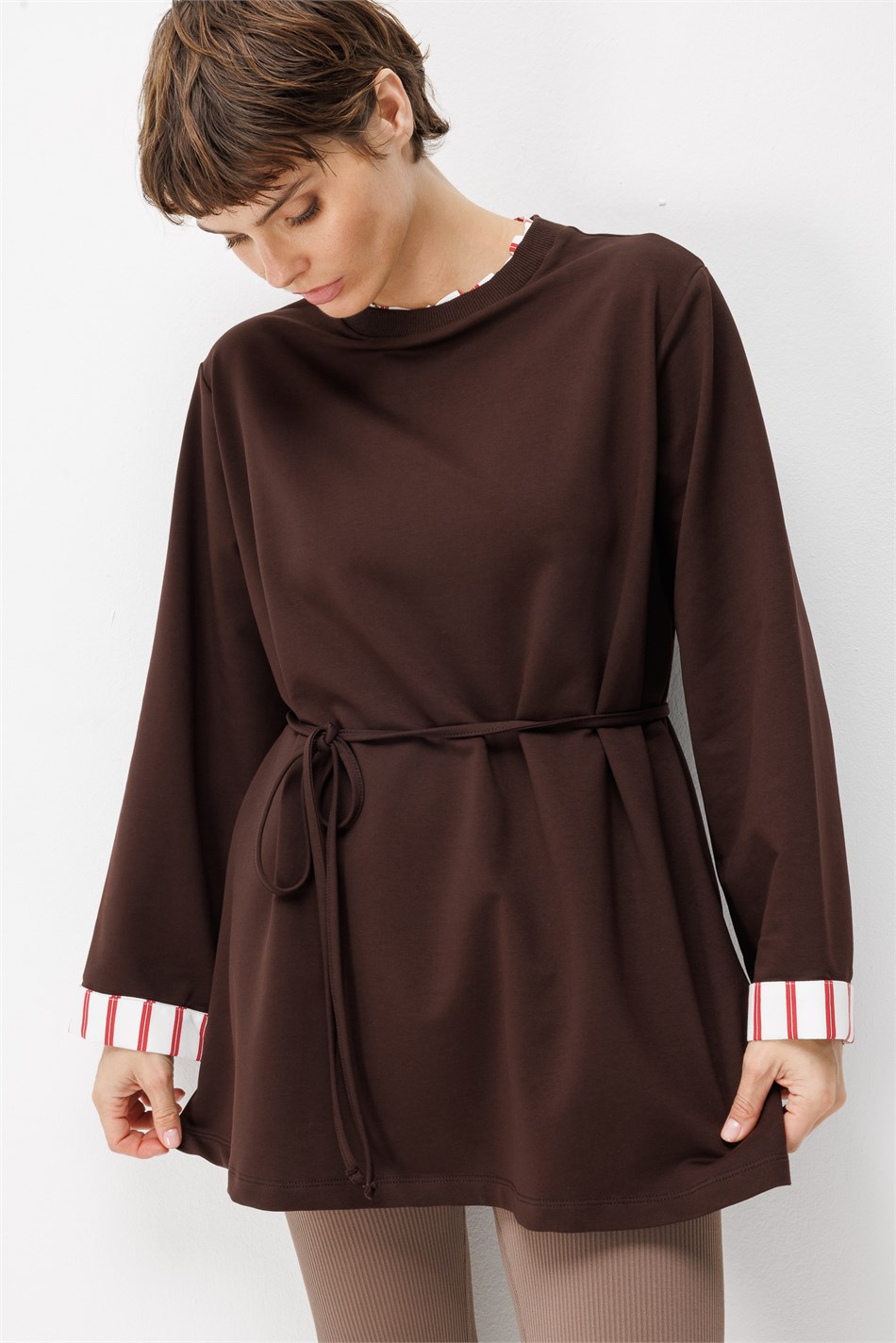 Linea Çizgili Garnili Kuşaklı Tunik Sweat-Kahve