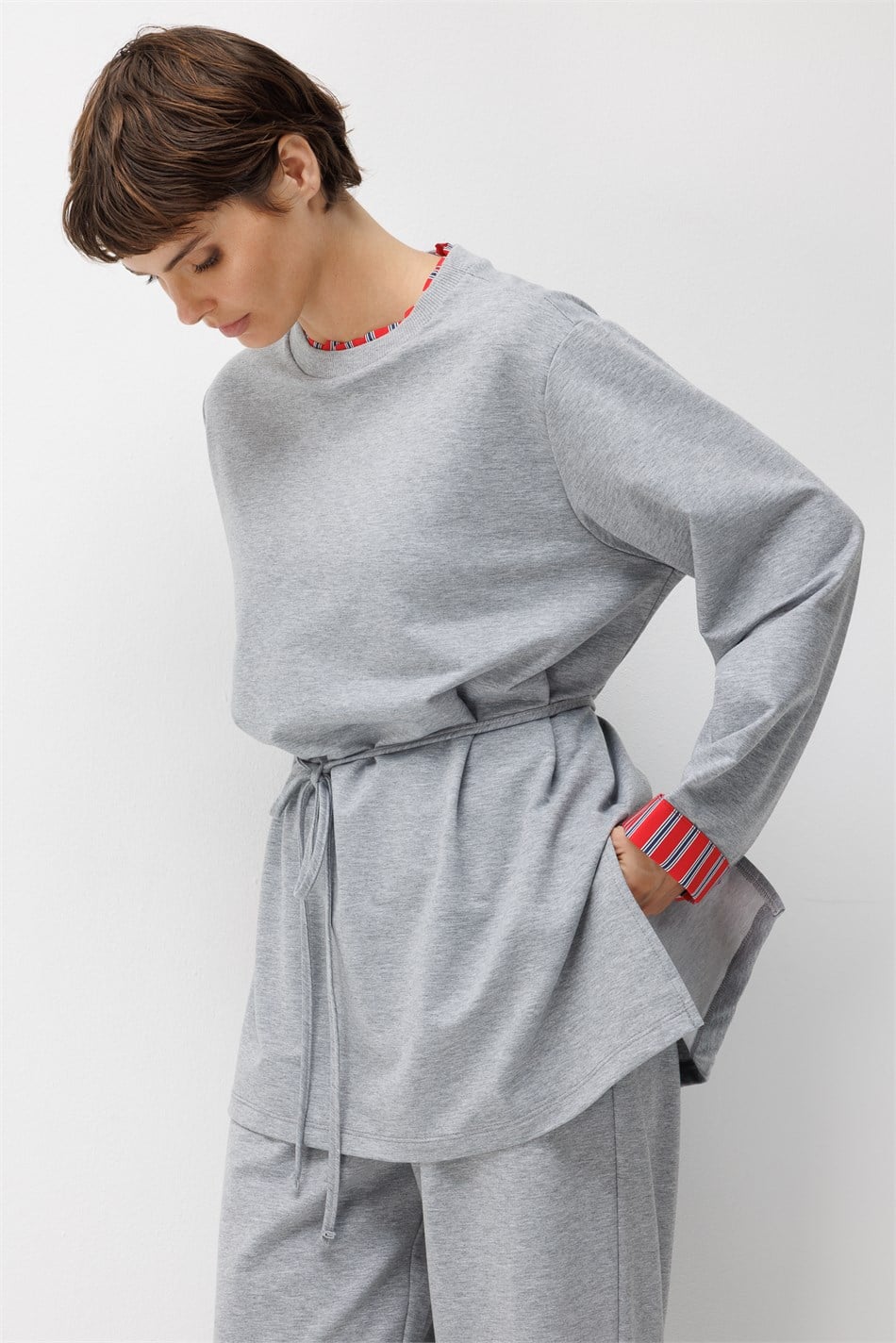 Linea Çizgili Garnili Kuşaklı Tunik Sweat-MELANJ