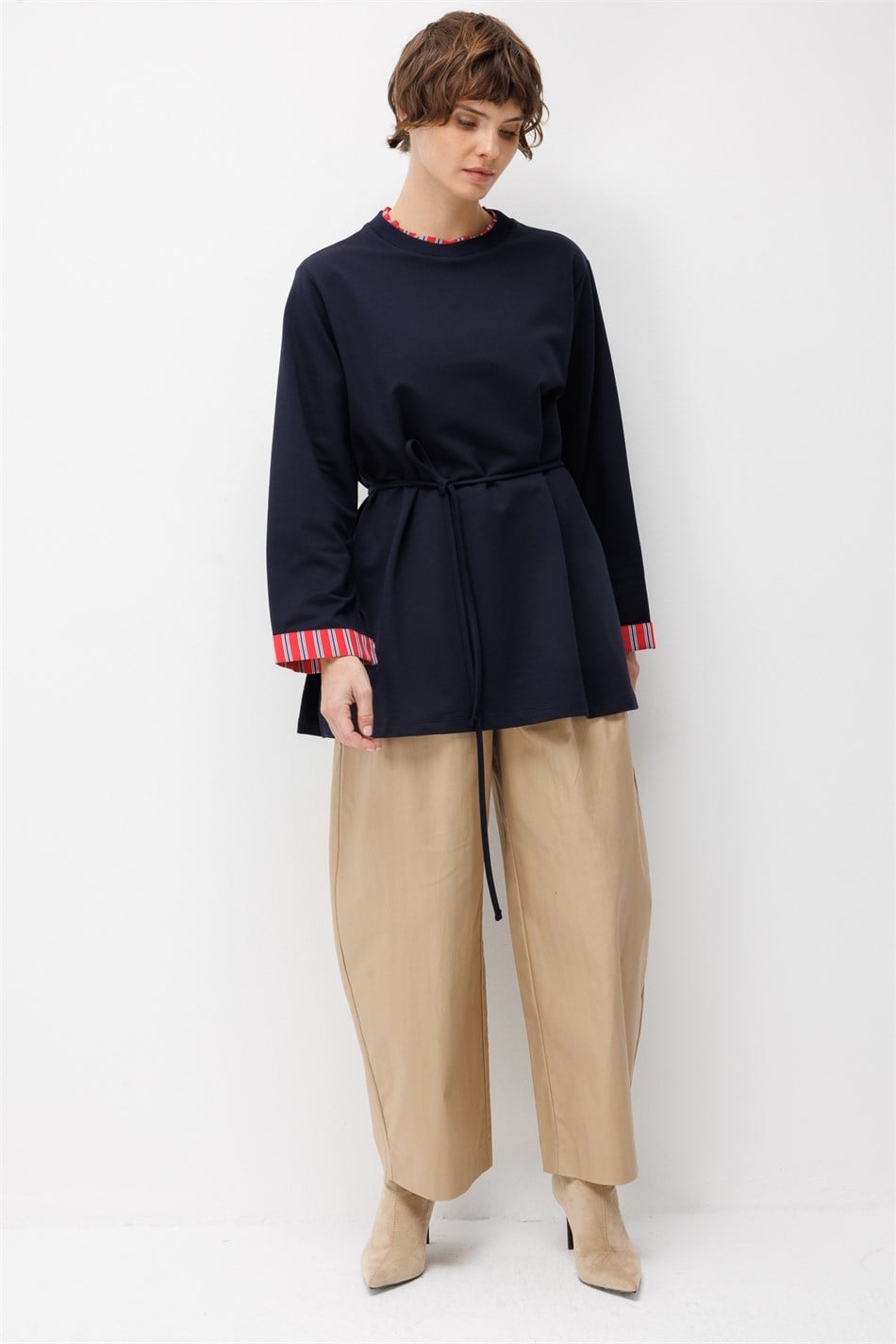 Linea Çizgili Garnili Kuşaklı Tunik Sweat-Laci