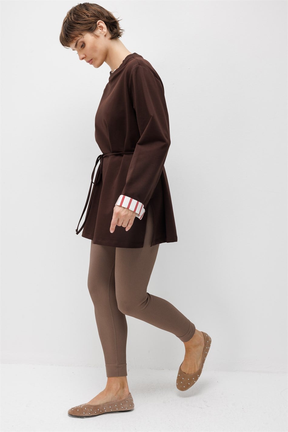 Linea Çizgili Garnili Kuşaklı Tunik Sweat-Kahve