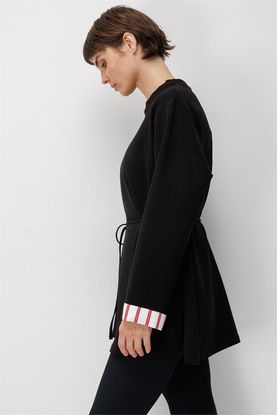 Linea Çizgili Garnili Kuşaklı Tunik Sweat-Siyah