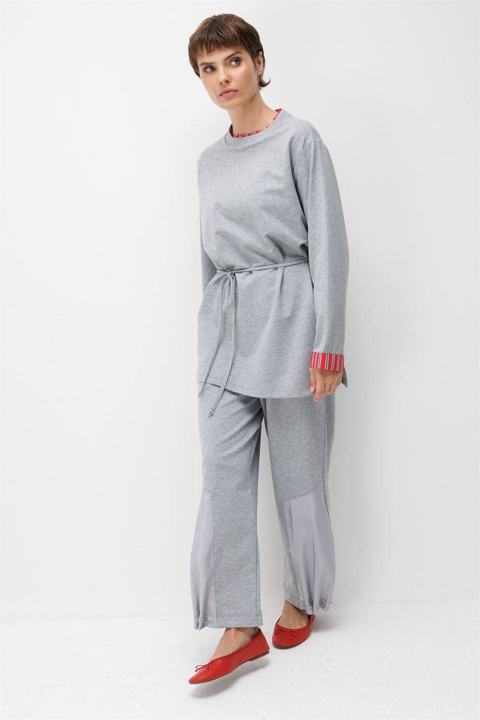 Linea Çizgili Garnili Kuşaklı Tunik Sweat-MELANJ