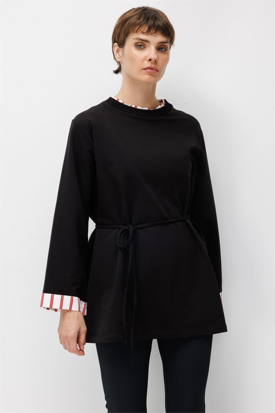 Linea Çizgili Garnili Kuşaklı Tunik Sweat-Siyah
