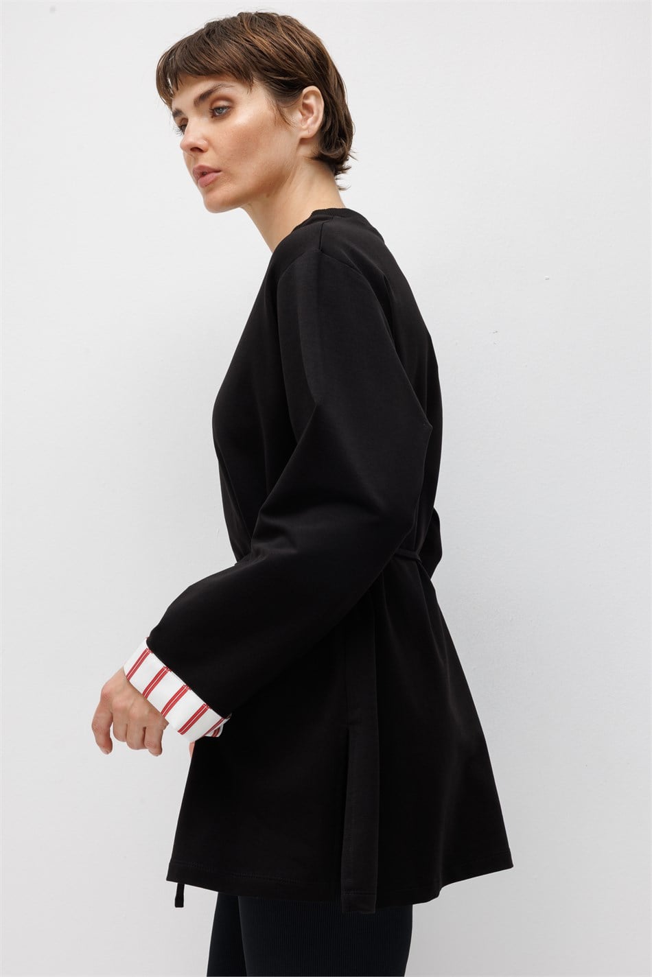 Linea Çizgili Garnili Kuşaklı Tunik Sweat-Siyah