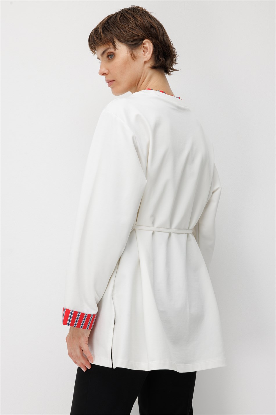 Linea Çizgili Garnili Kuşaklı Tunik Sweat-Ekru