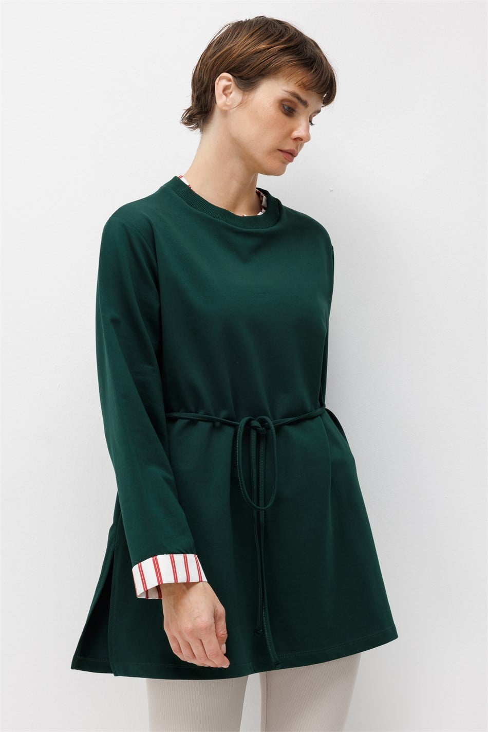 Linea Çizgili Garnili Kuşaklı Tunik Sweat-ZÜMRÜT