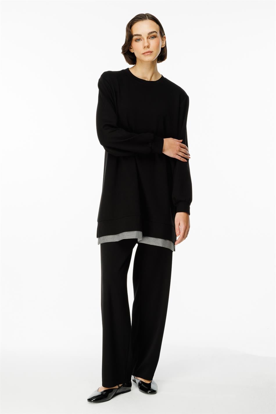 Marine Garni Detailed Knitted Trousers Set - Black