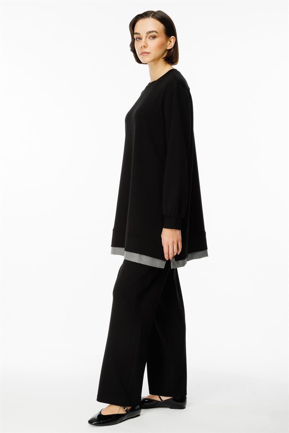 Marine Garni Detailed Knitted Trousers Set - Black