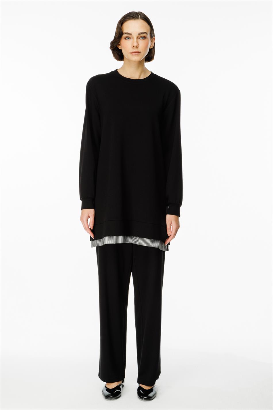 Marine Garni Detailed Knitted Trousers Set - Black