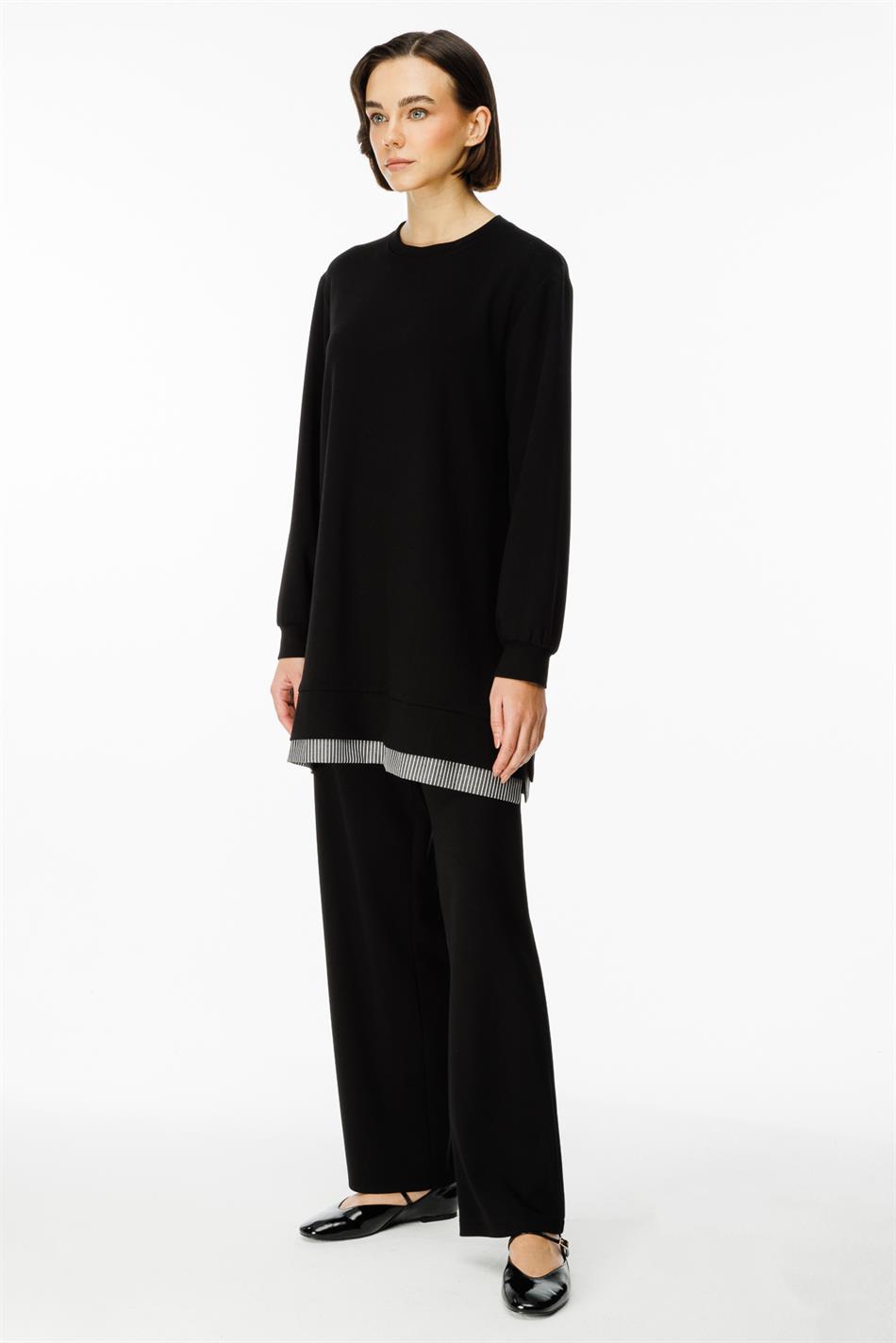 Marine Garni Detailed Knitted Trousers Set - Black