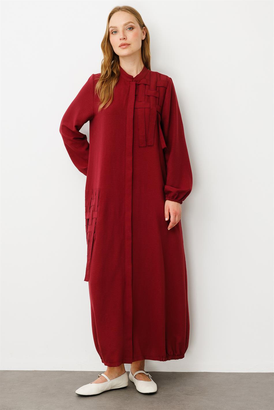 Mesh Poly - Cupra Detailed Special Embroidery Pattern Abaya Coat - Burgundy