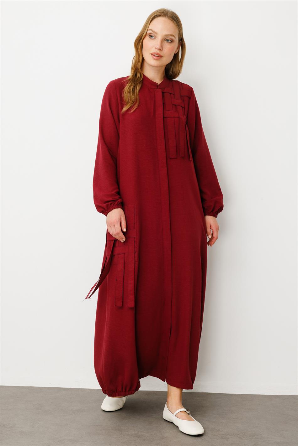 Mesh Poly - Cupra Detailed Special Embroidery Pattern Abaya Coat - Burgundy