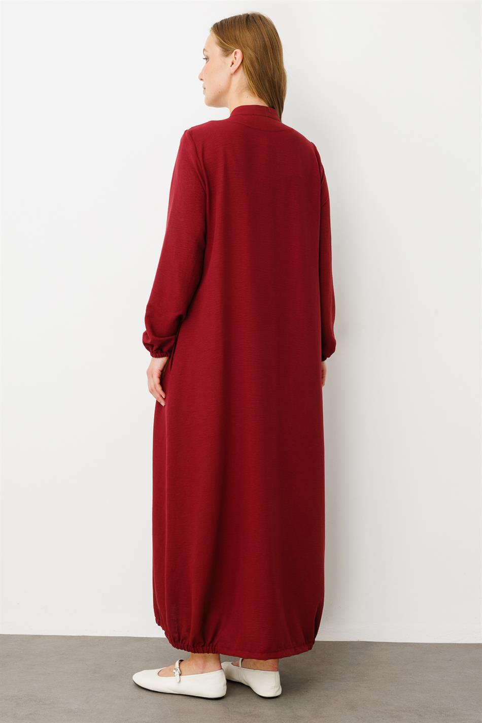 Mesh Poly - Cupra Detailed Special Embroidery Pattern Abaya Coat - Burgundy