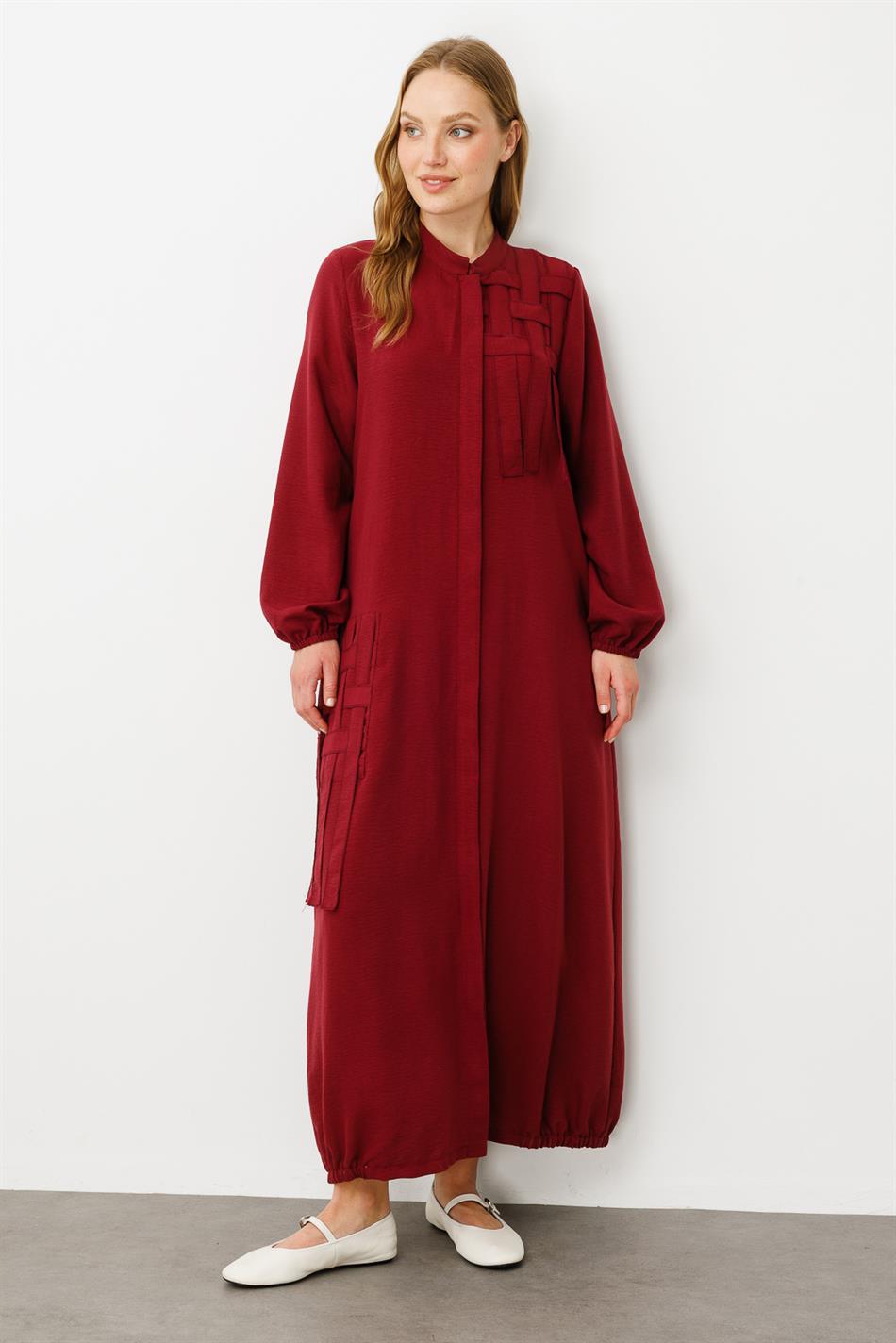 Mesh Poly - Cupra Detailed Special Embroidery Pattern Abaya Coat - Burgundy